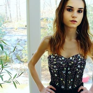 Black Jeweled Illusion Bustier Gown Formal Dress